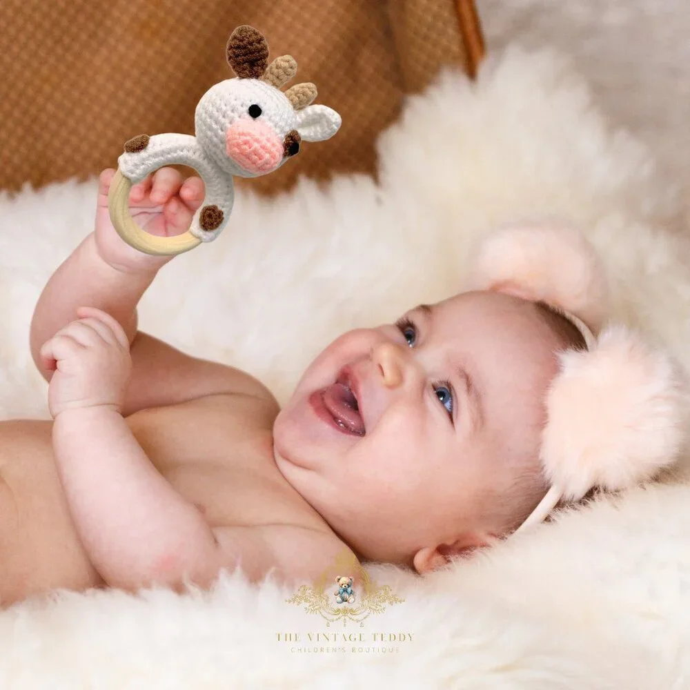 NWT Cute Handmade Crochet Cow Baby Rattle Baby & Toddler Wooden Plush Toys